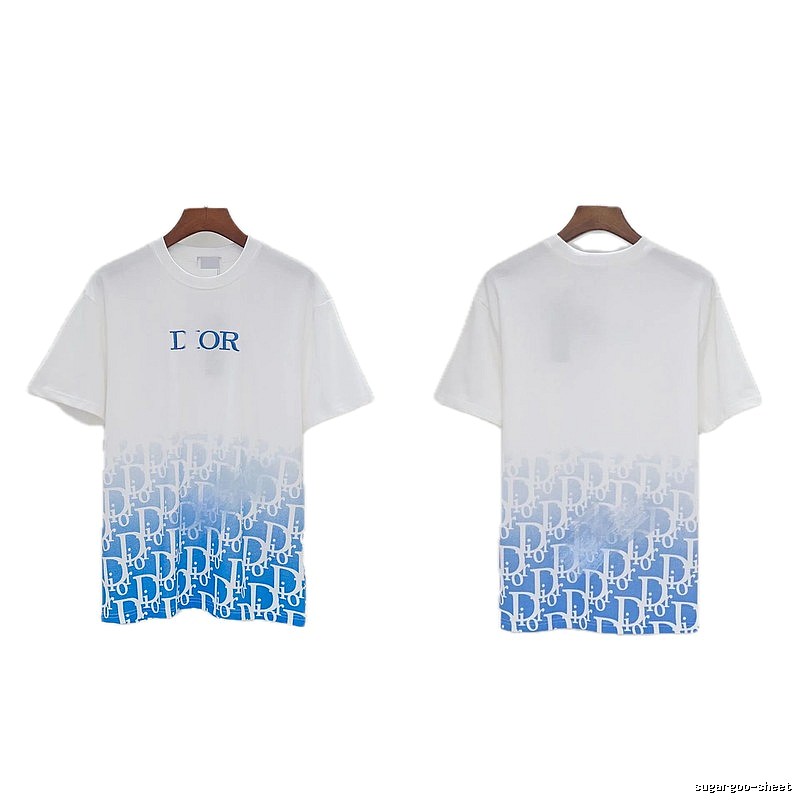 Dior Oblique Gradient Trendy Style Blue and White Short-sleeved T-shirt